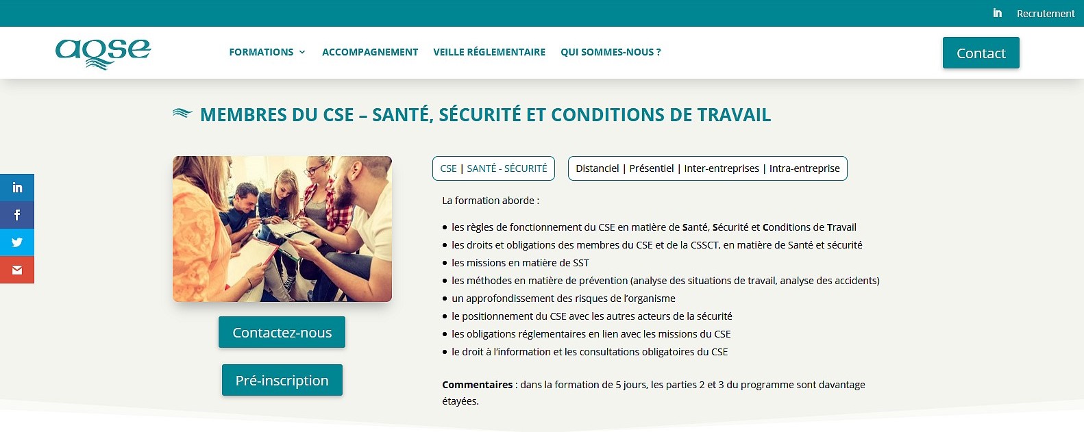 aqse-france.fr page formation CSE et pénibilité au travail - La formation prévention de la pénibilité